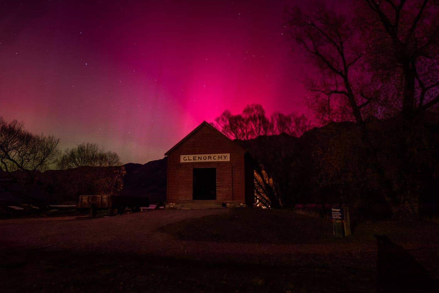 Aurora behind the Glenorchy Goods Shed