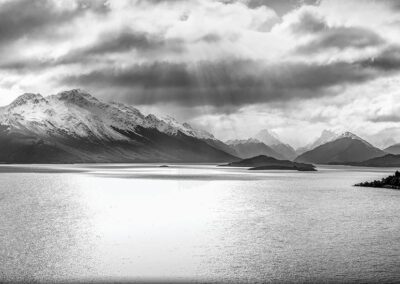 Black and white image of lake Whakatipu